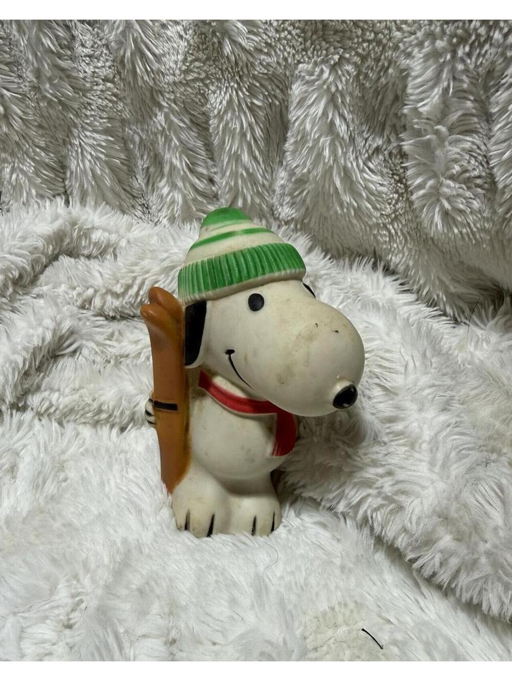 Snoopy Winter Ski Figurine with Green Knit Hat